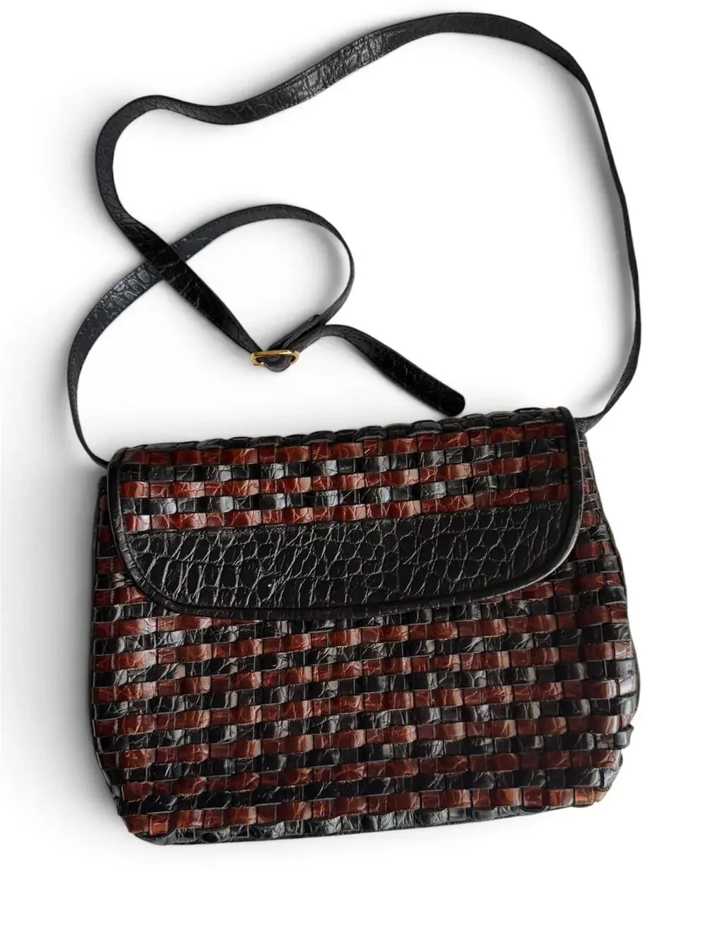 Vintage 80s Cee Klein Woven Leather Crossbody Bag Croc Embossed Purse Brasil